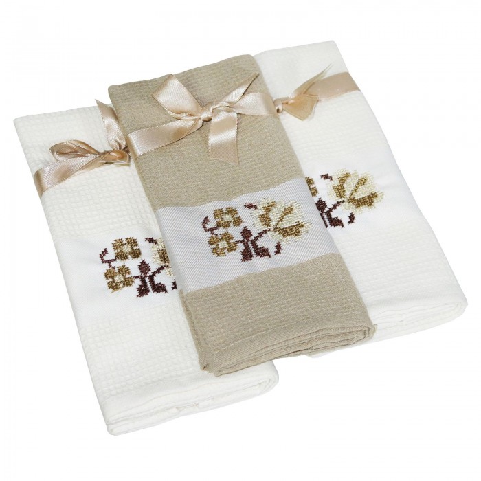 Рушники кухня Nilteks уп.12шт вишивка на сатині (Beige-White)
